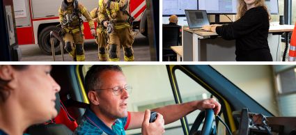 Collage van foto's met brandweercollega's, een meldkamer collega's en twee ambulancecollega's