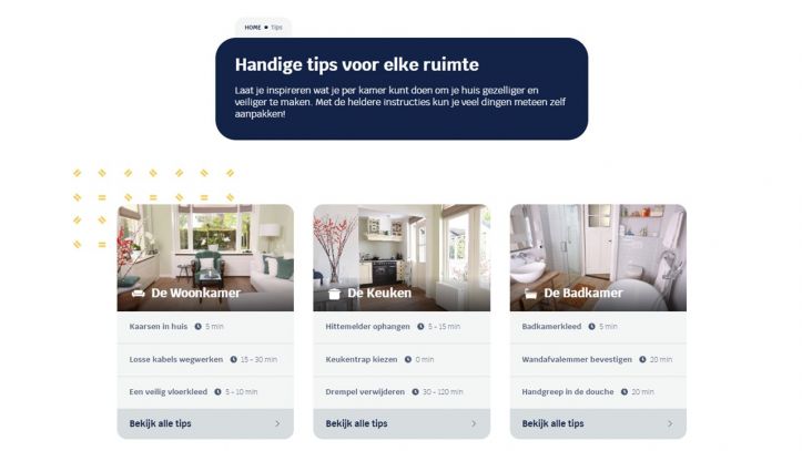 Screenshot van de pagina met tips in verschillende categoriën per woonruimte op www.woongemakiskinderspel.nl