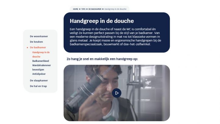 Screenshot van de pagina "Handgreep in de douche" op www.woongemakiskinderspel.nl