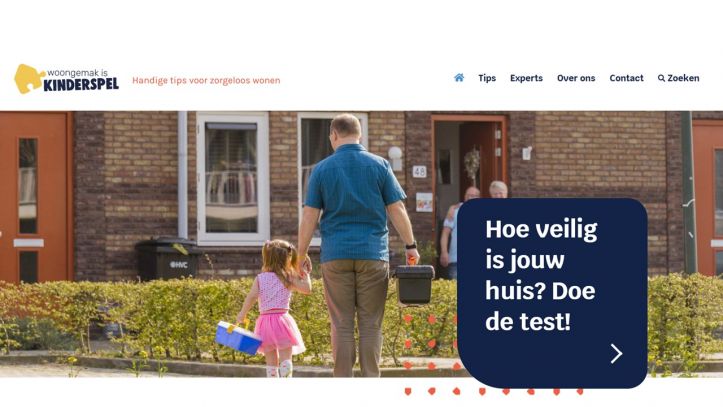 Screenshot van de homepage van www.woongemakiskinderspel.nl
