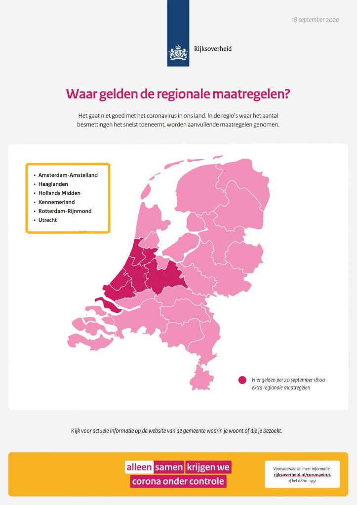 Kaart van Nederland met veiligheidsregio's die aanvullende maatregelen hebben